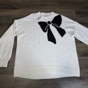 LOFT Womens XL Sweater White Black Bow Intarsia Crew Neck Long Sleeve Soft Knit